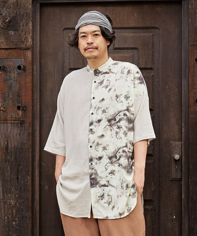 Linen Blend Tie Dye Stand Collar Shirt