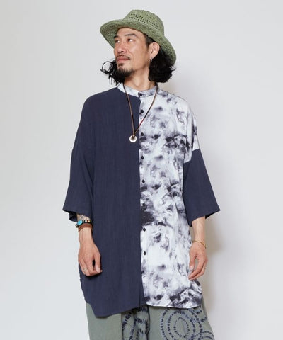 Linen Blend Tie Dye Stand Collar Shirt