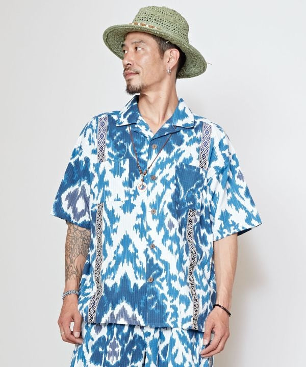 Ikat Pattern Open Collar Shirt