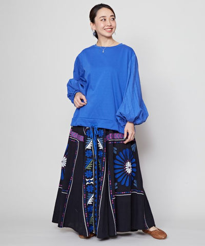 Embroidered Slub Cotton Skirt