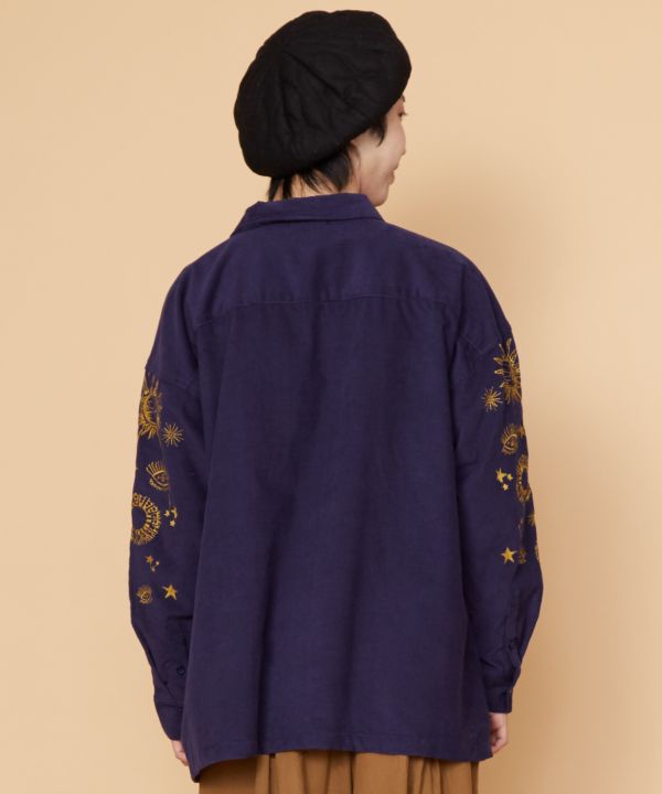 Constellation embroidered denim shirt in blue