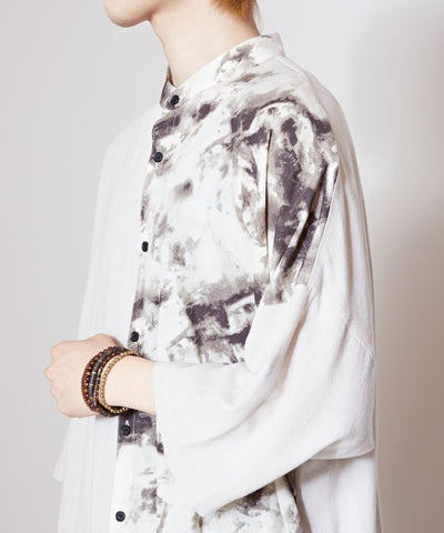 Linen Blend Tie Dye Stand Collar Shirt