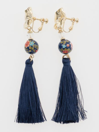 Bellflower Ball Tassel Clip Earrings