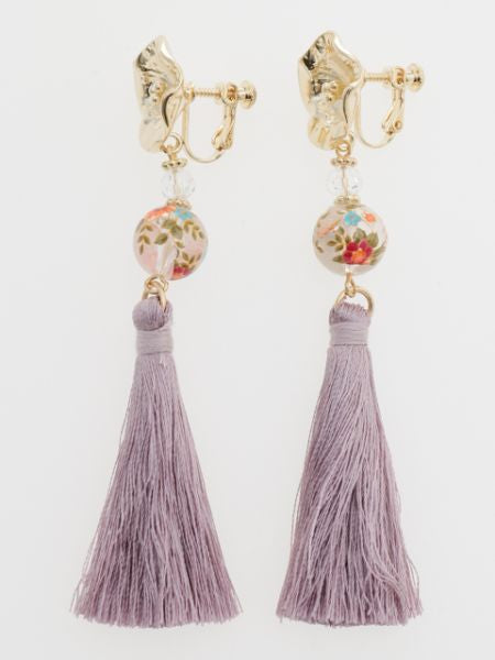 Bellflower Ball Tassel Clip Earrings