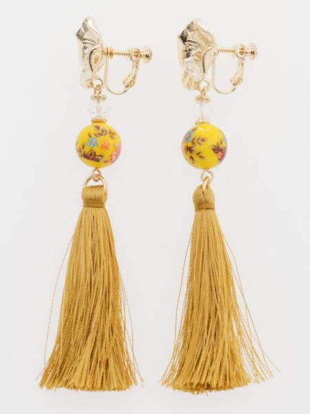 Bellflower Ball Tassel Clip Earrings